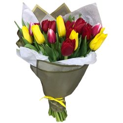 Фото товара 21 червоно-жовтий тюльпан у подвійному пакуванні в Ровно